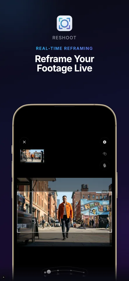 ReShoot capture screen reframing a landscape street video in real time, with a minimap showing the crop's position in the source frame