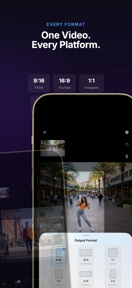 Output format picker with aspect ratios for every platform — 9:16 for TikTok, 16:9 for YouTube, 1:1 and 4:5 for Instagram, plus 21:9 and 2:3
