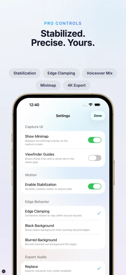 Settings screen with pro controls: stabilization, edge clamping, minimap, viewfinder guides, and voiceover replace-or-mix audio options