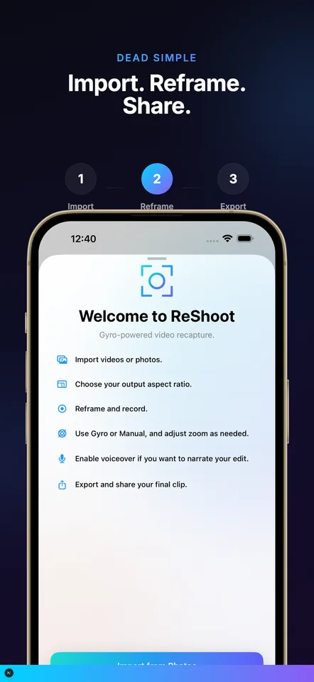 Three-step workflow — import footage, reframe with gyro or touch, then export the finished clip
